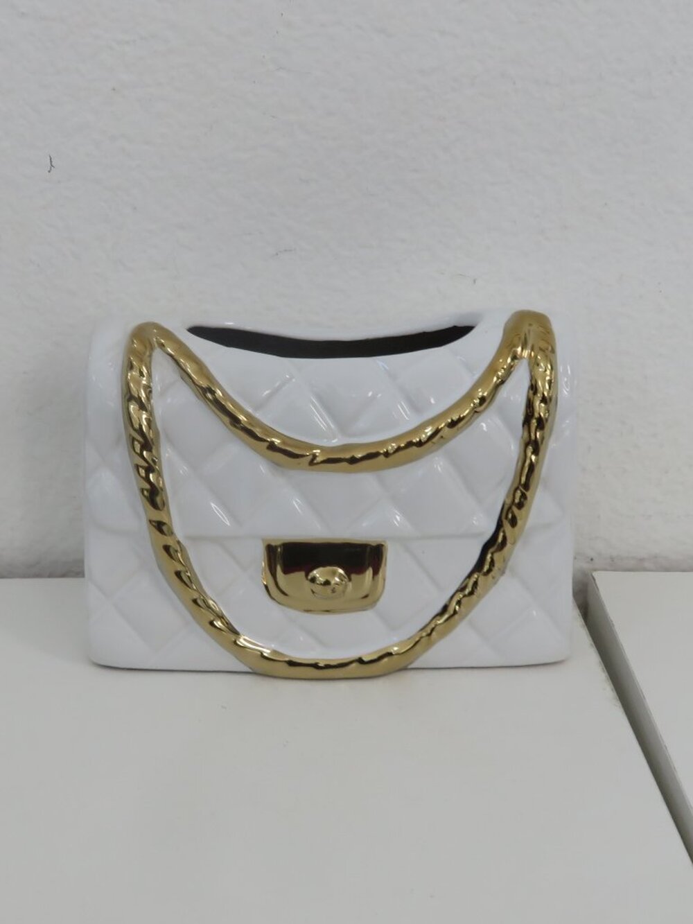 (#100) 3D-Printed Fashion Bag, Home Decor Ceramic Bag White & Gold
